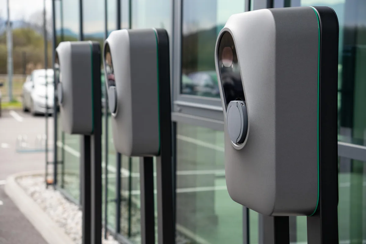 ETREL elektroauto uzlādes stacijas āra stāvvietā pie ēkas